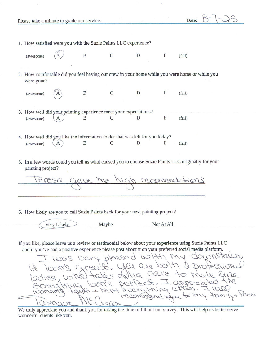 Positive review of Suzie Paints by one of our
                clients after completing a contract for them.
                Handwritten comments are re-typed at the bottom of the
                image for clarity purposes.