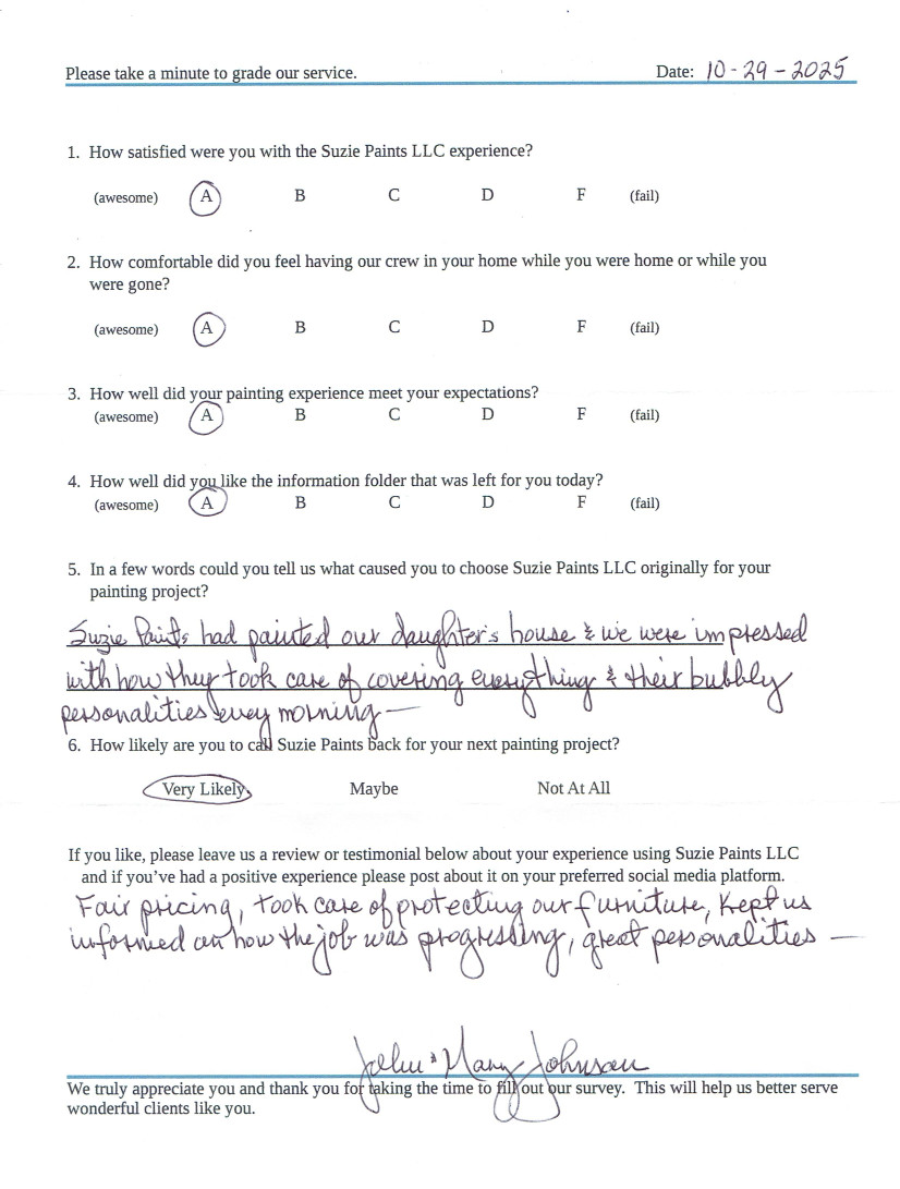 Positive review of Suzie Paints by one of our
                clients after completing a contract for them.
                Handwritten comments are re-typed at the bottom of the
                image for clarity purposes.