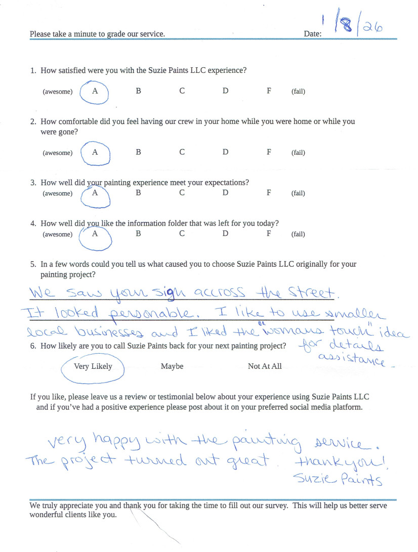 Positive review of Suzie Paints by one of our
                clients after completing a contract for them.
                Handwritten comments are re-typed at the bottom of the
                image for clarity purposes.